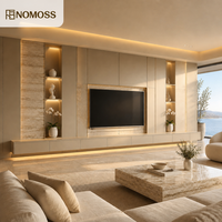 Mueble de TV de Pared Completo de Lujo Estilo Rústico Personalizado con Panel de Piedra Travertino e Iluminación LED para Villa