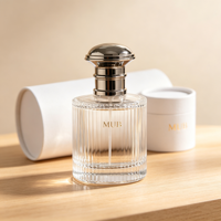 Flacon pulvérisateur en verre cylindrique à col serti avec ligne verticale, 30ml, 50ml, 100ml, stock usine, vente en gros, sérigraphie personnalisée