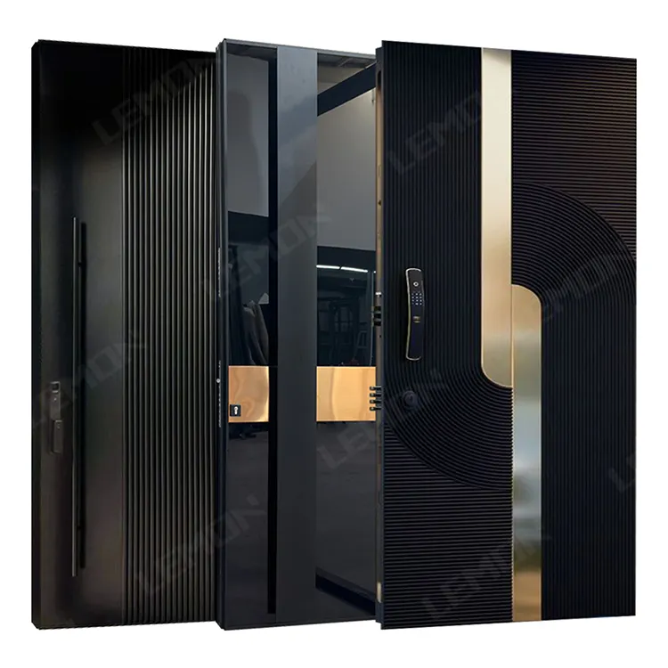 Puerta exterior de Metal para Villa, puerta pivotante de seguridad de entrada frontal moderna de aluminio de acero inoxidable de madera maciza para casas