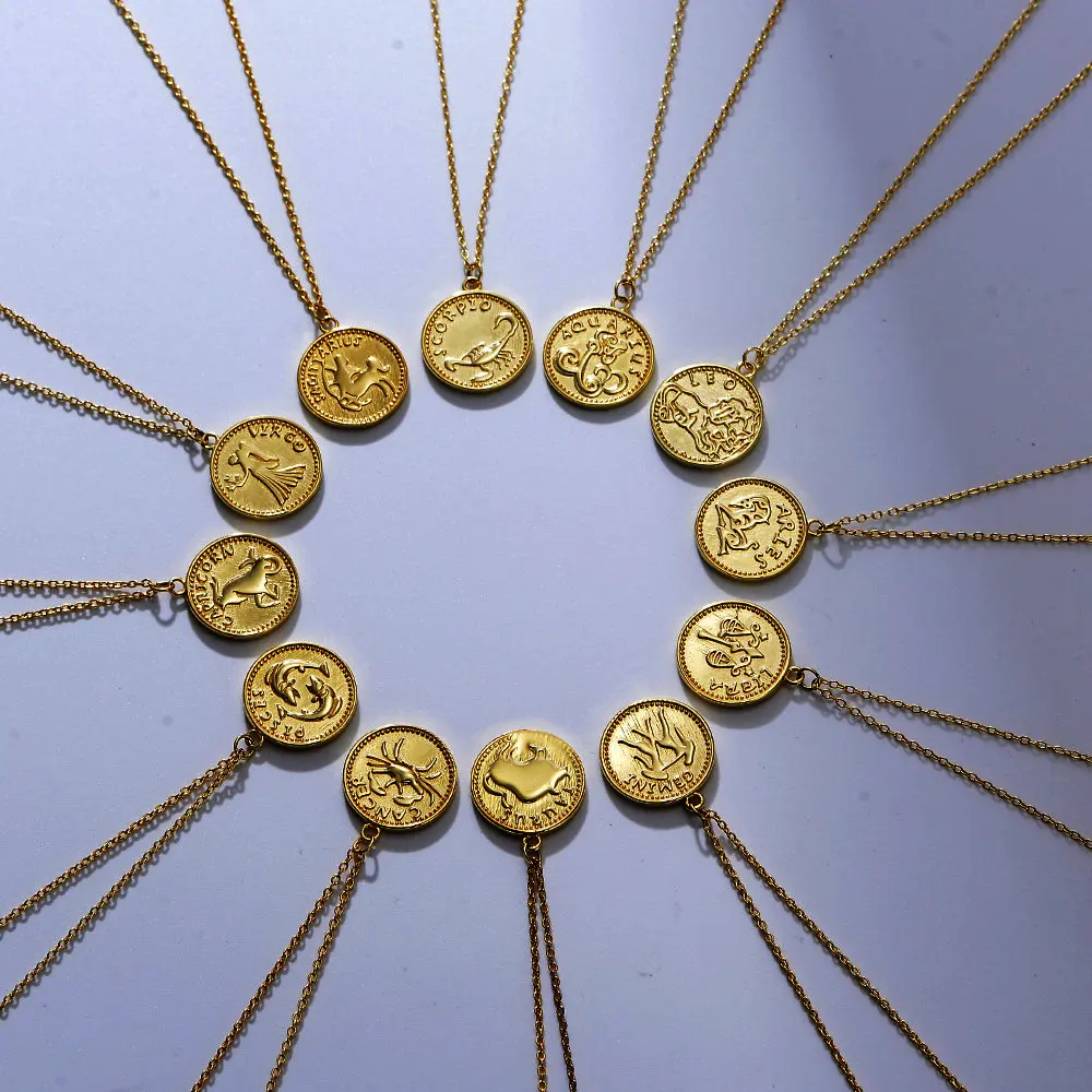 الأبراج الأزياء والمجوهرات 925 الفضة الاسترليني قلادة 14k 18k الذهب مطلي زودياك عملة قلادة المرأة