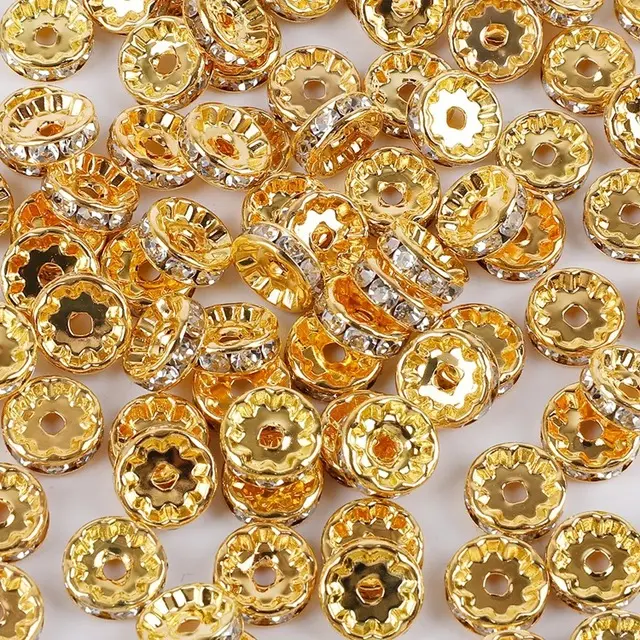 Cuentas espaciadoras de cristal, cuentas espaciadoras de tono dorado y plateado, abalorios espaciadores con cristal transparente para fabricación de joyas, 100 Uds.