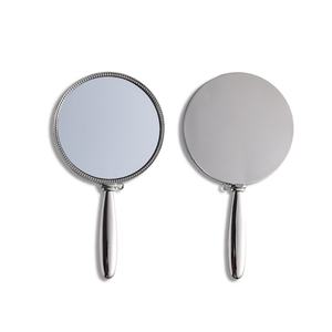 On Sale Round Silver Engraved Small Vanity Makeup <b>Compact</b> Hand <b>Mirror</b> with PU Pouch - Product Image 2
