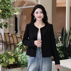 Women's Autumn Winter Round Neck Blazer Black Solid Color Polyester Woven Slim Fit Casual <b>Jacket</b> <b>Short</b> Coat - Product Image 1