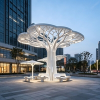 Sculpture d'arbre géante moderne en acier inoxydable blanc personnalisée avec sièges et éclairage LED pour place publique extérieure de centre commercial
