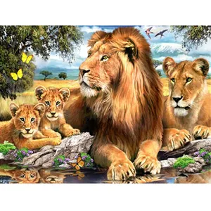 Diy lukisan berlian persegi penuh gambar bor dari singa keluarga berlian salib dekorasi rumah seni gambar dinding 5d