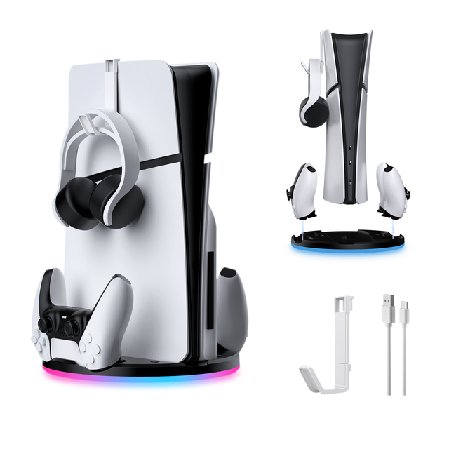 JYS-P5196 for PS5 Slim Host Storage Rack Controller Charging Dock Base with RGB Light Type-C Charging Cable Game Accessories