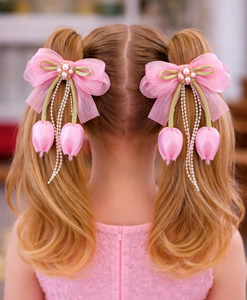 Noeuds pour cheveux en organza faits à la main avec des breloques en forme de tulipe et des perles pour filles, accessoires de cheveux festifs - Product Image 5