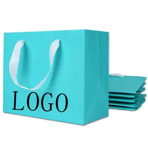 Bolsas de papel personalizadas para manualidades, embalaje de compras azul, bolsas de papel lisas duraderas con asas de cadena