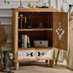 Farmhouse Vintage Storage Unit Flower Carved <b>Rustic</b> Wooden Living Room <b>Cabinet</b> with White 2 Door 1 Drawer - Product Image 3