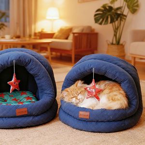 Lit pour chat Akogchi, rond, semi-fermé, maisonnette chaude pour l'hiver avec motif d'étoiles pour chats - Product Image 4