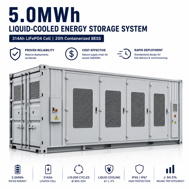 Cost-Effective 5.0MWh Liquid Cooling BESS with 314Ah LiFePO4 Battery Container 10,000+ Cycles for Commercial Energy Storage