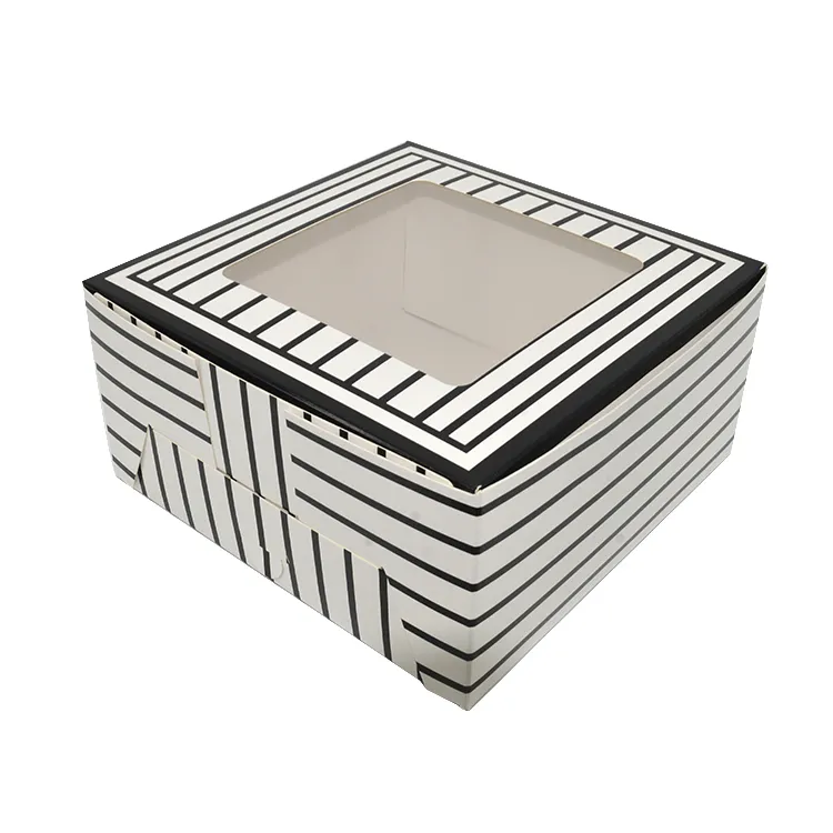 Foldable White Black Stripe Rigid Paper Cake Packaging Box Custom Printed Clear Window Square Cake Box