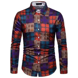 Spring and autumn new men's stand-up collar shirt Street punk style men's clothing Colorblock printed long-sleeved casual shirts