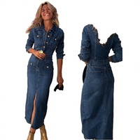 Robe longue moulante décontractée en jean délavé, multi-boutons, manches longues, pour hiver et été, couleur inaltérable, polyester/coton