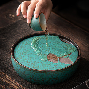 Bandeja de té de cerámica redonda con diseño floral azurado y hoja de almendro, tamaño pequeño, para juego de té Kung Fu, mesa de preparación en seco - Product Image 1