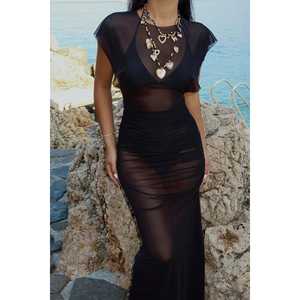 Robe noire basique imprimée sur mesure, style vintage élégant, avec décoration froncée, taille XL, taille empire haute, pour printemps, été, hiver - Product Image 6