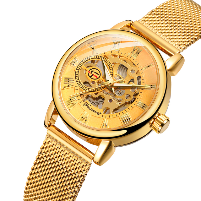 T-winner Gold Skeleton Automatic Sport Watch with Power Reserve Leather Band Analog Dial for Women