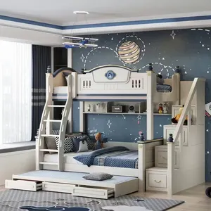Dormitorio infantil Literas de madera azules para niños Marco Twin Over Twin Size con escalera