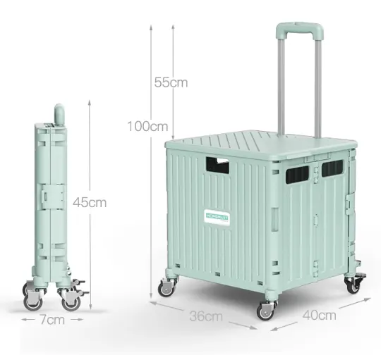2023 New korea style four wheels super market trolley plastic foldable trolley cart with 50KG load capacity