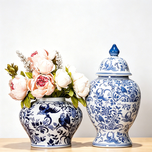 Nouveau vase en céramique bleu et blanc de style vintage oriental de la dynastie Ming Qing, vase en porcelaine pour le sol, idéal comme pot de rangement - Product Image 2