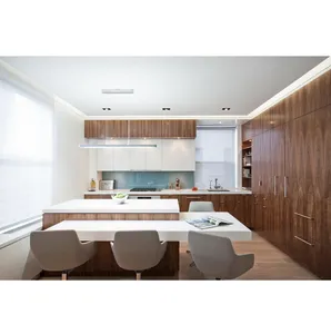 Modern Design Modular Wood Veneer Kitchen Cabinets with Sink Drawer Slide Hinge Faucet Rice Box Wholesale at Best Price