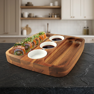 Plateau de service à salade en bois d'acacia de haute qualité, écologique, de forme irrégulière, gravé, pour hôtels, plats, assiettes - Product Image 1