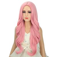Peluca Larga Rosa Pastel con Ondas Suaves y Partidura Media, Fibra Sintética de Baja Temperatura con Gorra
