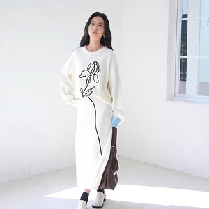 Abito Casual di fascia alta in maglia da donna in autunno e in inverno, disegno semplice, maglione largo e gonna Set in due pezzi - Product Image 1