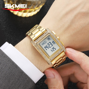 Skmei Digital Watch Gold Stainless Steel Band Rhinestone Men's Watch Luminous Alarm Date Display - Product Image 1