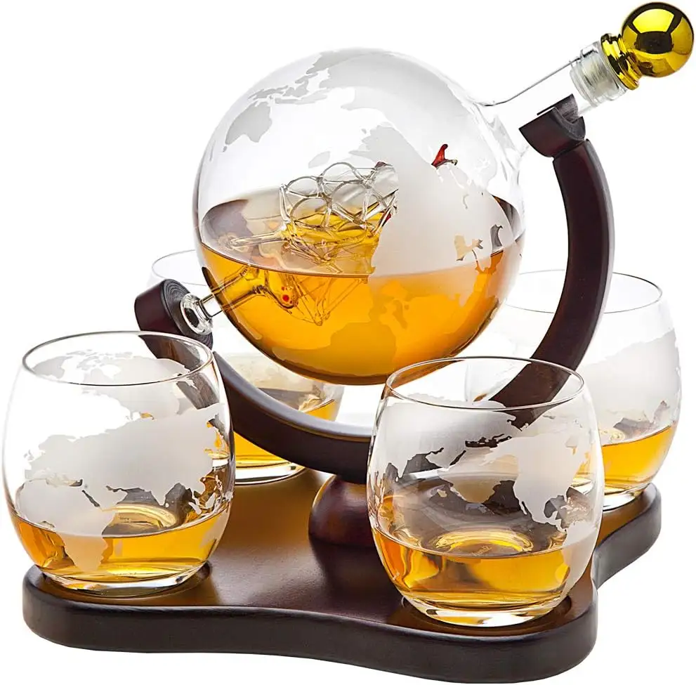 Set bola dunia Decanter wiski dengan 4 ukiran kaca wiski dunia untuk minuman keras, Scotch, Bourbon, Vodka, hadiah untuk pria