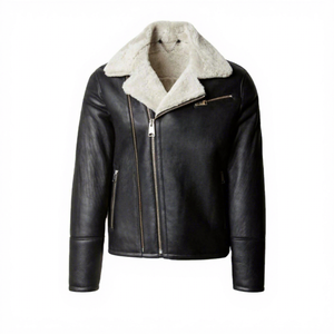 <b>Mens</b> Real <b>Shearling</b> Leather <b>Jacket</b> Black White Fur Collar Asymmetric Zip Pocket Sheepskin Aviator Coat Custom Winter Outer - Product Image 1