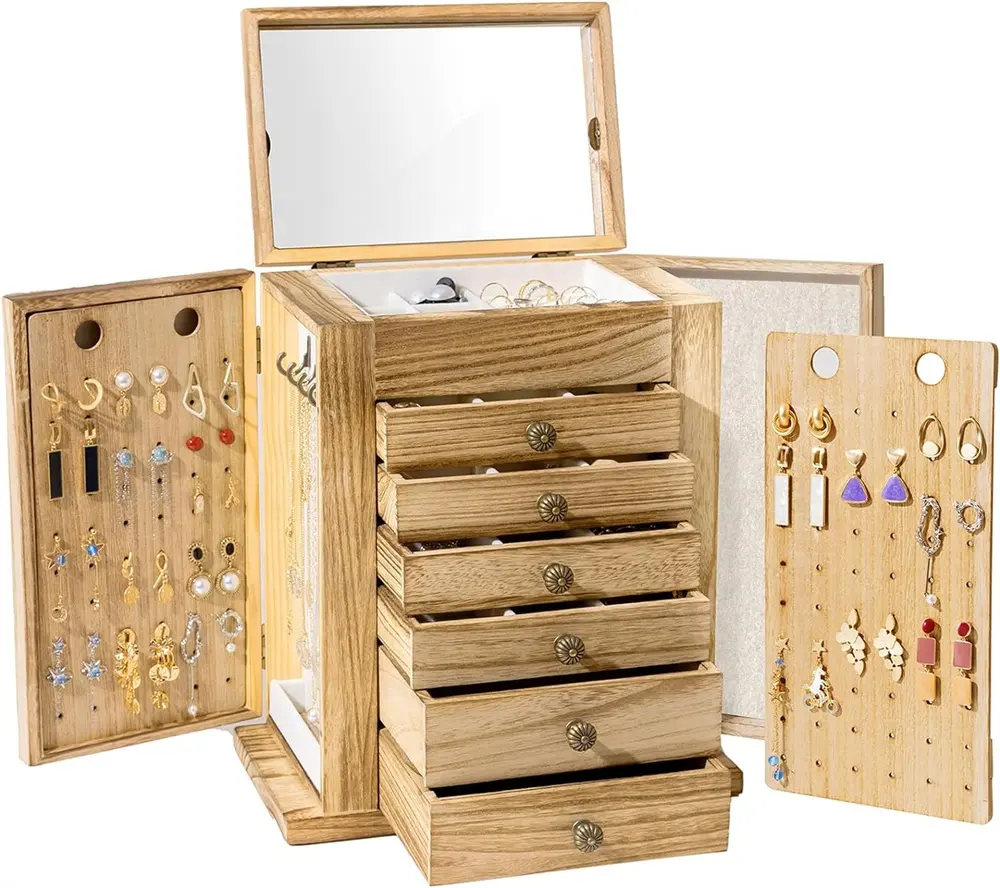 Grandi scatole di gioielli in legno a 7 strati per le donne, porta gioielli Organizer custodia con anello a specchio per cassettone