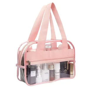 大型塑料乙烯基手提袋防水透明旅行化妆包便携式粉色豆袋
