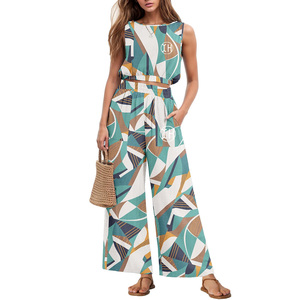 All'ingrosso due pezzi set di <span class=keywords><strong>lino</strong></span> di cotone per le donne moda stampa senza maniche girocollo Crop Top con tasche larghe pantaloni - Product Image 5