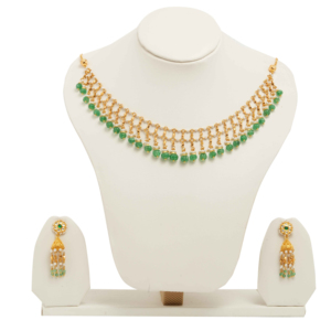 Elegant gold necklace <b>set</b> with green <b>bead</b> detailing and matching long earrings perfect for weddings festive occasions - Product Image 1