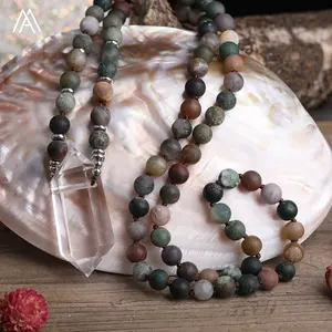 Matte India Agate Mala Necklace , Reiki Chakra Round Beads healing Crystal Quartz Pendant Necklaces Bulk