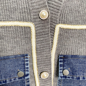 Nuevo producto Patchwork Deinim <span class=keywords><strong>cuello</strong></span> en V bolsillo tejido diseño suelto sensación temperamento todo-fósforo abrigo de <span class=keywords><strong>pelo</strong></span> mujer suéter cárdigan - Product Image 3