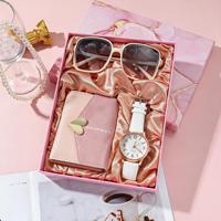 Coffret cadeau accessoires femme haut de gamme montre quartz chiffres romains lunettes de soleil portefeuille rose