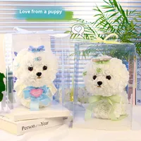 Bouquet de Chiots Maltais Faits à la Main dans une Boîte Cadeau Fleur Éternelle – Cadeau d'Anniversaire pour Meilleure Amie ou pour la Saint-Valentin