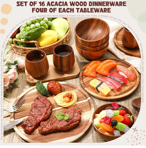 Pratique chaud 16 pièces ensemble de vaisselle en bois d'acacia plateau en bois assiettes rondes en bois bols en bois massif et tasses à thé pour la cuisine - Product Image 2