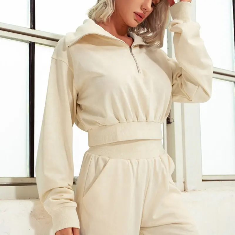 Women Pullover Cropped Hoodies Sweatshirts Set Custom Cotton Crop Half Zip Hoodie And Jogger Set