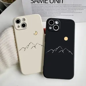 Line Mountain Scenery Phone Case For IPhone 15 Pro Max 13 12 11 XS MAX X XR 7 8 14 Plus Shockproof Simple Sun Moon Couples Cover