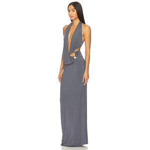 Nouvelle Robe de Soirée Formelle pour Femme, Col Halter, Dos Nu, Couleur Unie, Taille Naturelle, Boucle <span class=keywords><strong>Triangulaire</strong></span>, Cordon Élastique - Product Image 2
