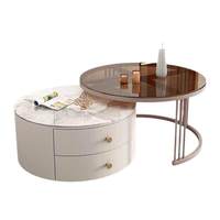 Ensemble de tables basses modernes en or avec plateau en pierre frittée, table d'appoint en verre, tiroirs de rangement, style minimaliste italien pour salons