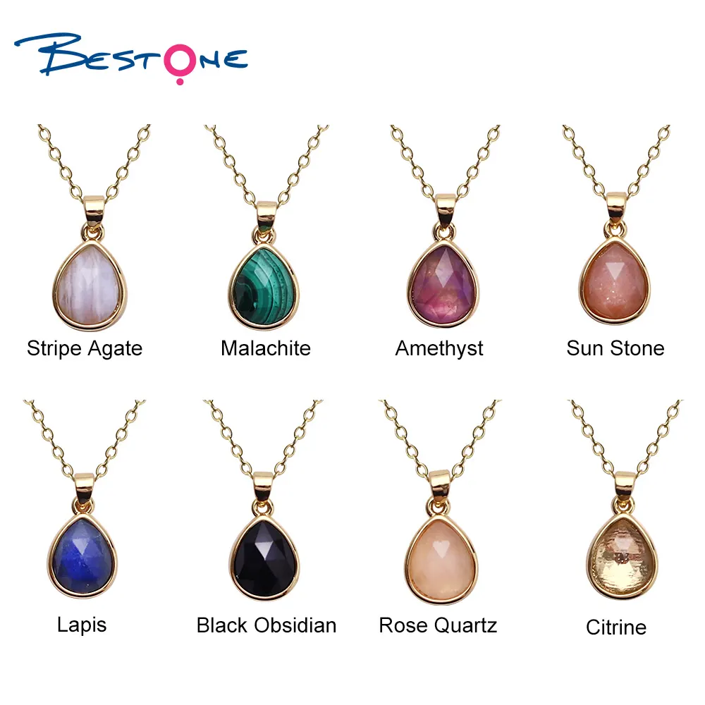 Bestone Hot Sale Gemstone Tiny Pendant Crystals Healing Stones Water Drop Pendants Necklace For Women Jewelry