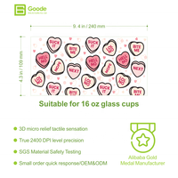 Autocollant de transfert pour gobelet DTF UV Goode 16oz, motif cœur de la Saint-Valentin, impression 3D haute définition, écologique et durable