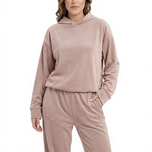 <b>Women's</b> <b>Velour</b> Hoodie Sweatshirt Set Drop Shoulder Pullover Top with Pockets Casual Autumn Outfit - Product Image 1