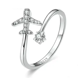 Женские кольца с открытыми пальцами для летающего самолета, регулируемые кольца с фианитами, ювелирные украшения из натуральной 925, серебро высокого качества, 1 шт.