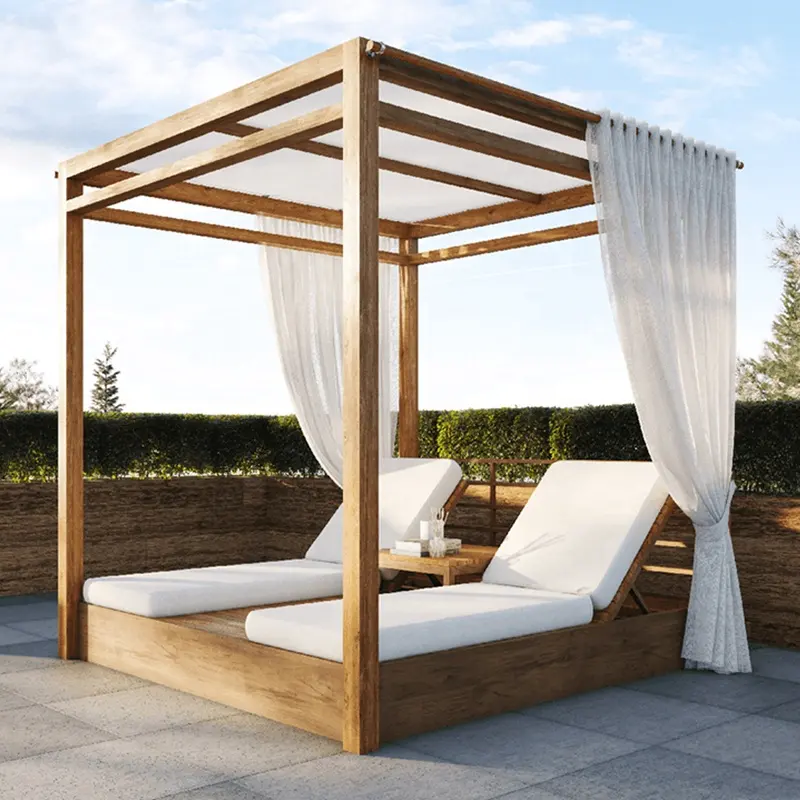 Luxus-Poolside Outdoor Terrasse Holzmöbel Garten Aluminium Sonnenecht Lounger Pergola Übernachtung Zelt Pavillon