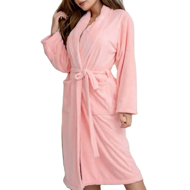 Albornoz de microfibra suave para mujer, bata de terciopelo coral, bata de baño de lana larga de poliéster, pijama
